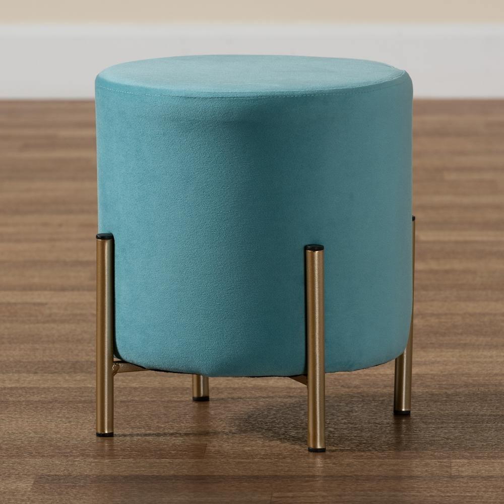 Thurman Contemporary Glam and Luxe Sky Blue Velvet Fabric Upholstered and Gold Finished Metal Ottoman FredCo