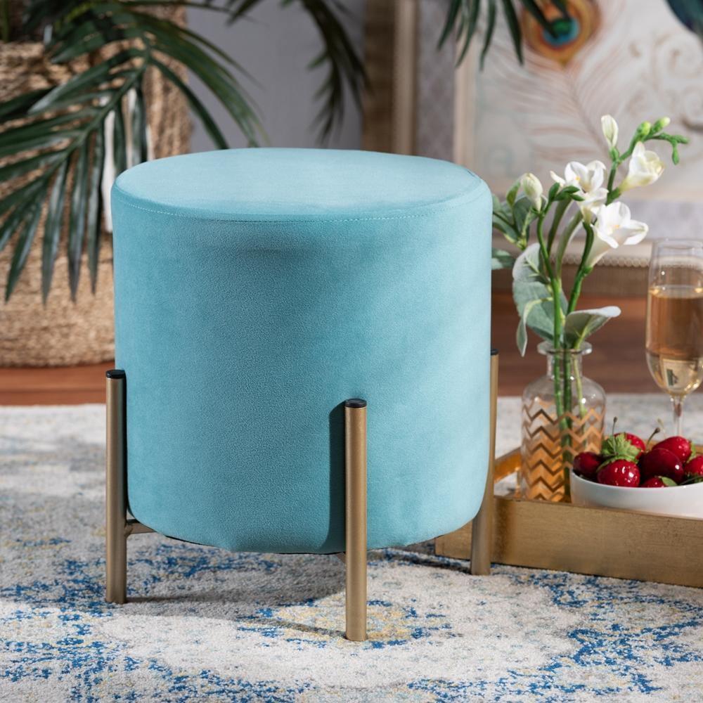 Thurman Contemporary Glam and Luxe Sky Blue Velvet Fabric Upholstered and Gold Finished Metal Ottoman FredCo