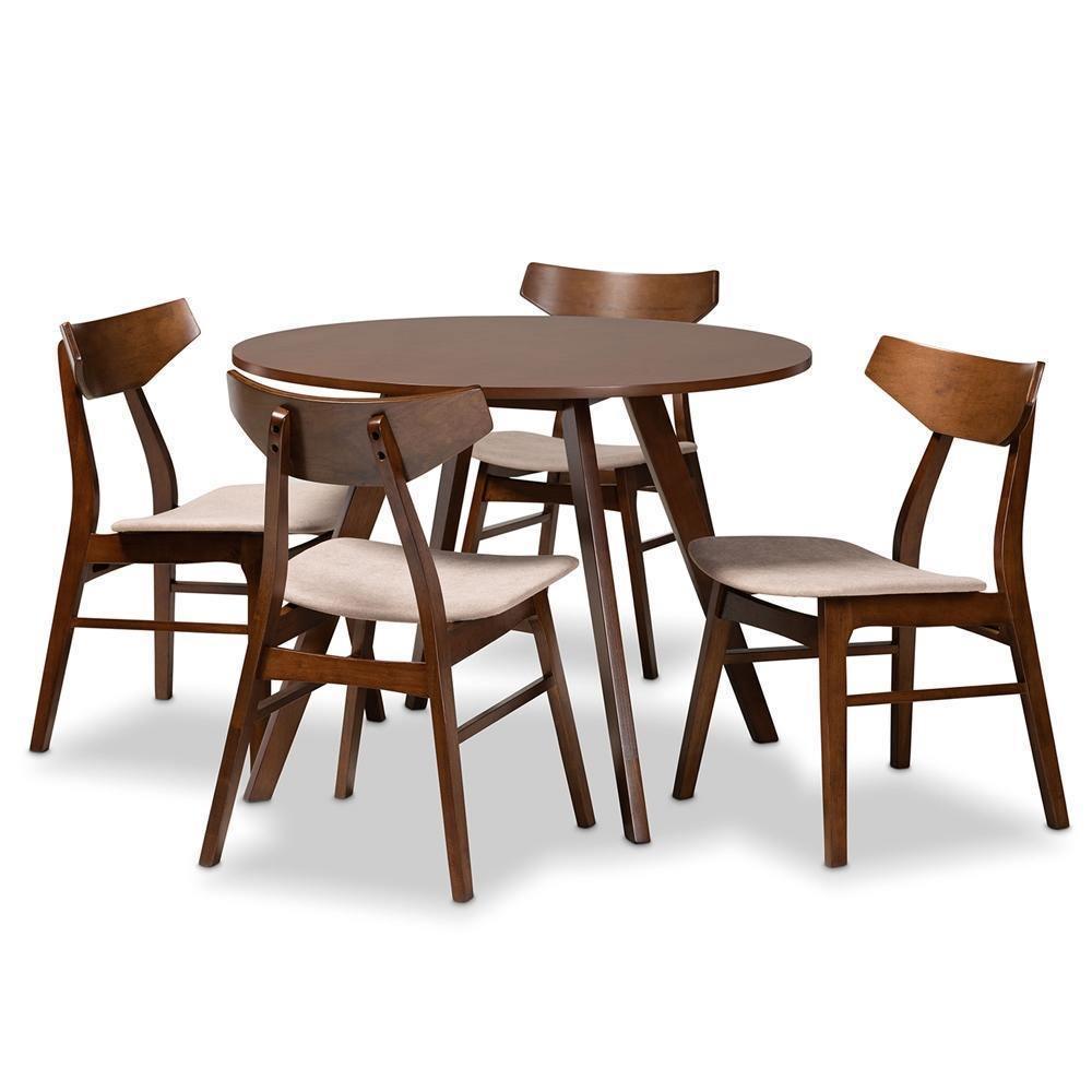 Timothy Mid-Century Modern Transitional Light Beige Fabric Upholstered and Walnut Brown Finished Wood 5-Piece Dining Set FredCo