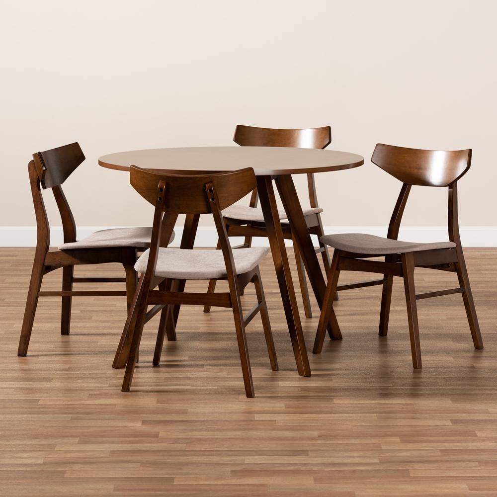 Timothy Mid-Century Modern Transitional Light Beige Fabric Upholstered and Walnut Brown Finished Wood 5-Piece Dining Set FredCo