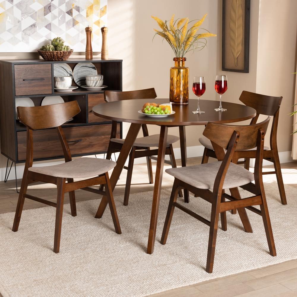Timothy Mid-Century Modern Transitional Light Beige Fabric Upholstered and Walnut Brown Finished Wood 5-Piece Dining Set FredCo