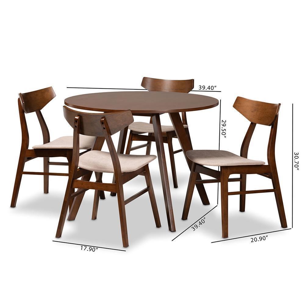 Timothy Mid-Century Modern Transitional Light Beige Fabric Upholstered and Walnut Brown Finished Wood 5-Piece Dining Set FredCo