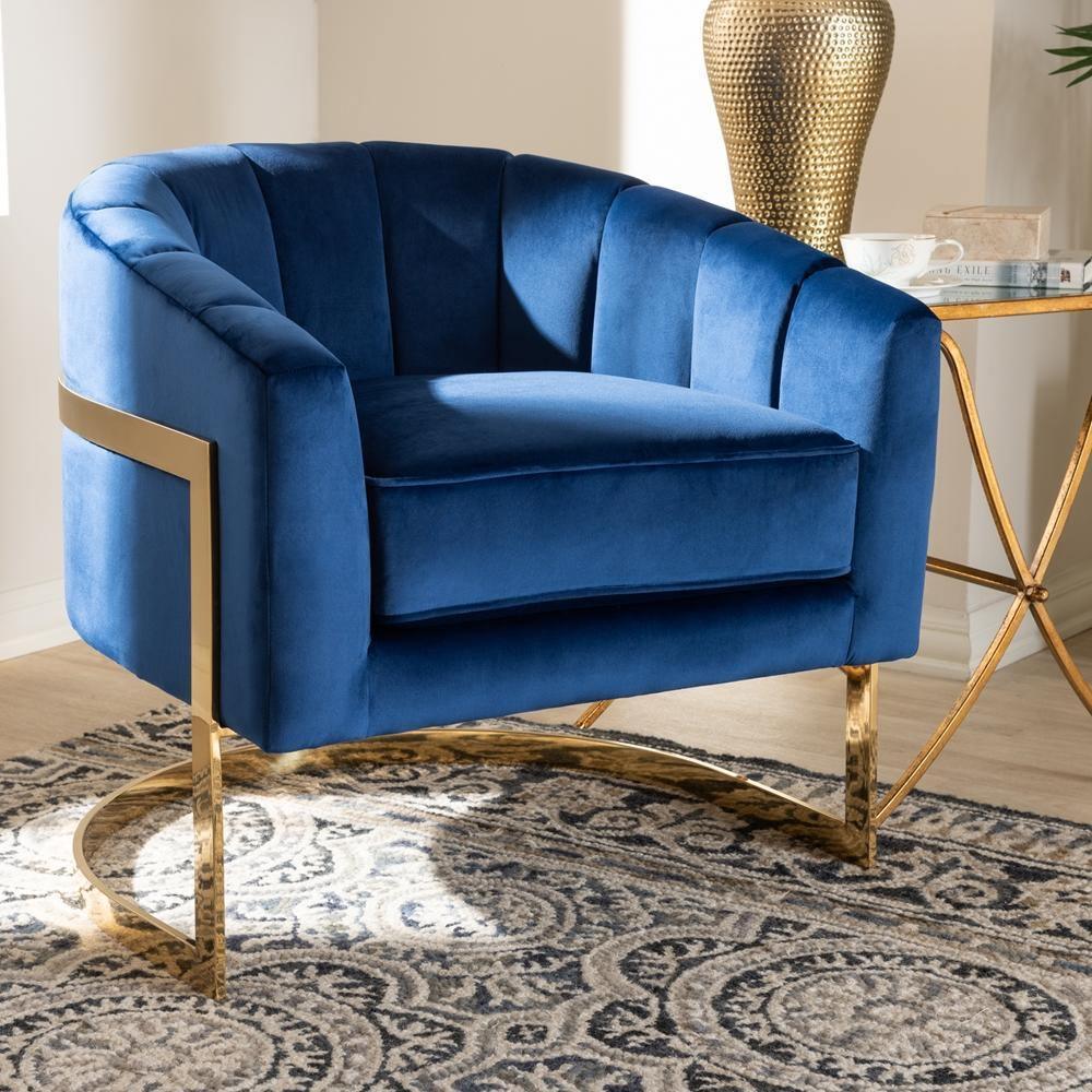 Tomasso Glam Royal Blue Velvet Fabric Upholstered Gold-Finished Lounge Chair FredCo