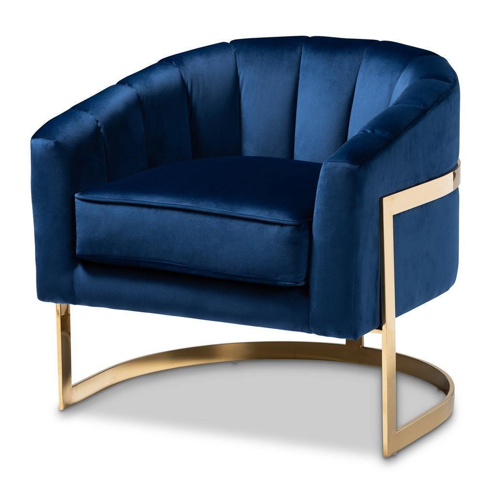 Tomasso Glam Royal Blue Velvet Fabric Upholstered Gold-Finished Lounge Chair FredCo