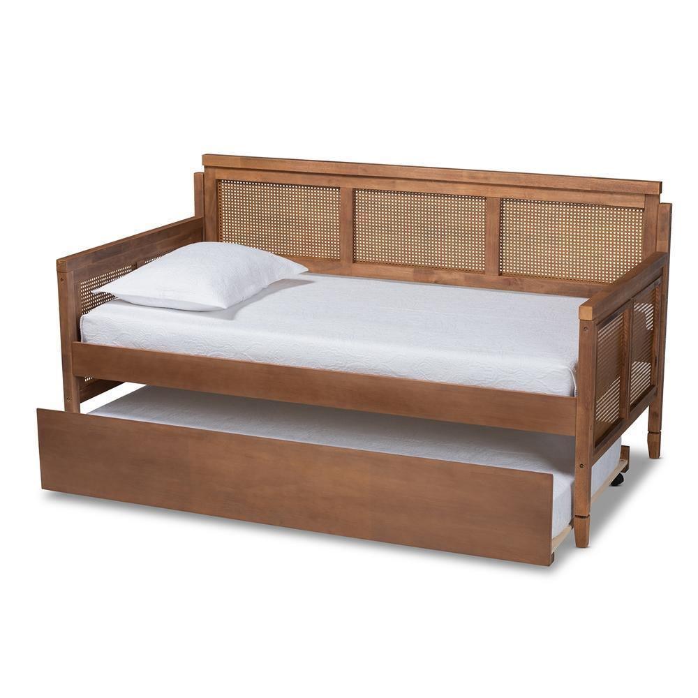 Toveli Vintage French Inspired Ash Wanut Finished Wood and Synthetic Rattan Daybed with Trundle FredCo