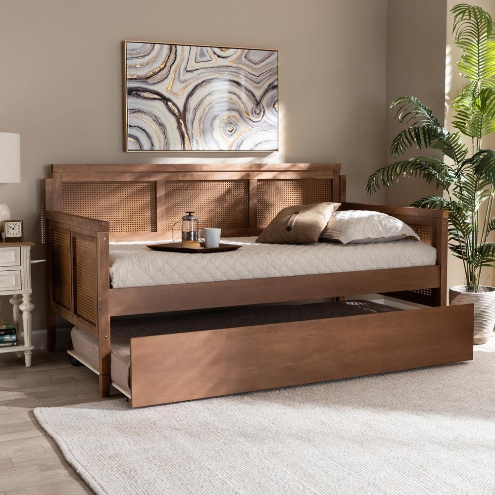 Toveli Vintage French Inspired Ash Wanut Finished Wood and Synthetic Rattan Daybed with Trundle FredCo