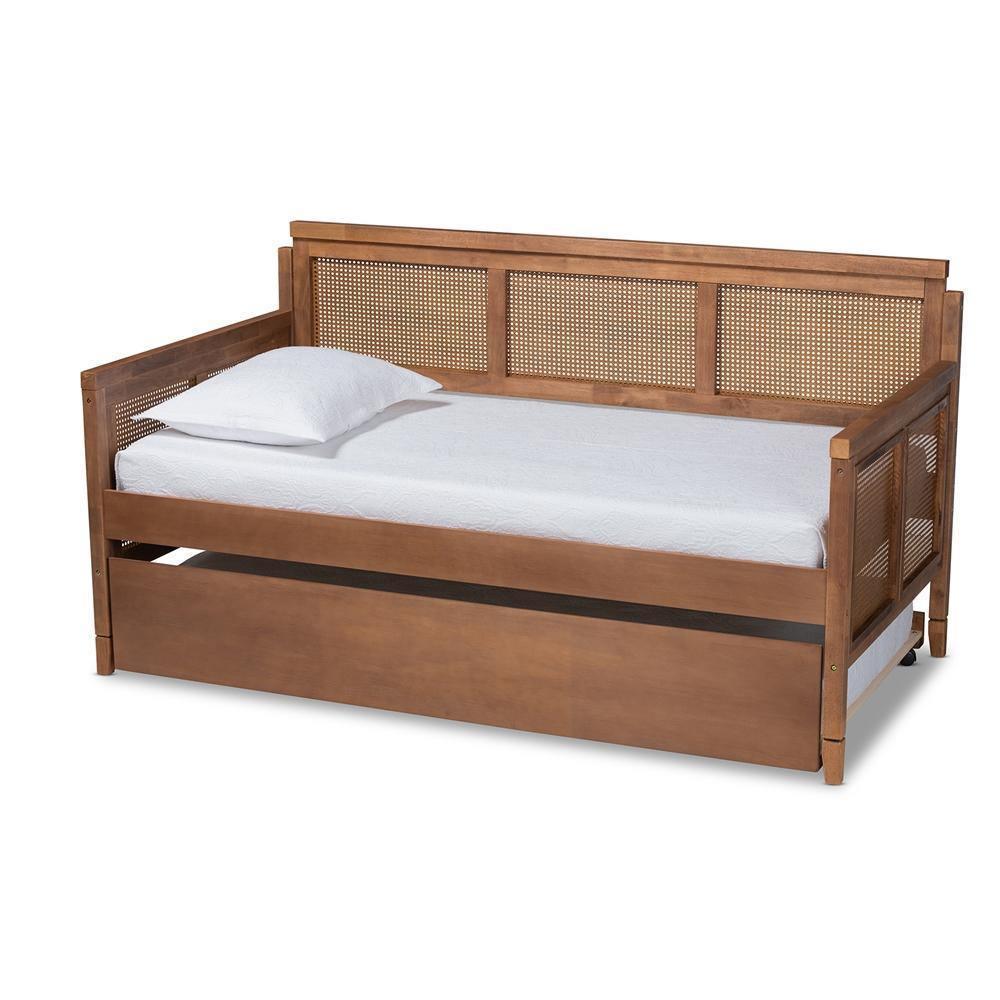 Toveli Vintage French Inspired Ash Wanut Finished Wood and Synthetic Rattan Daybed with Trundle FredCo