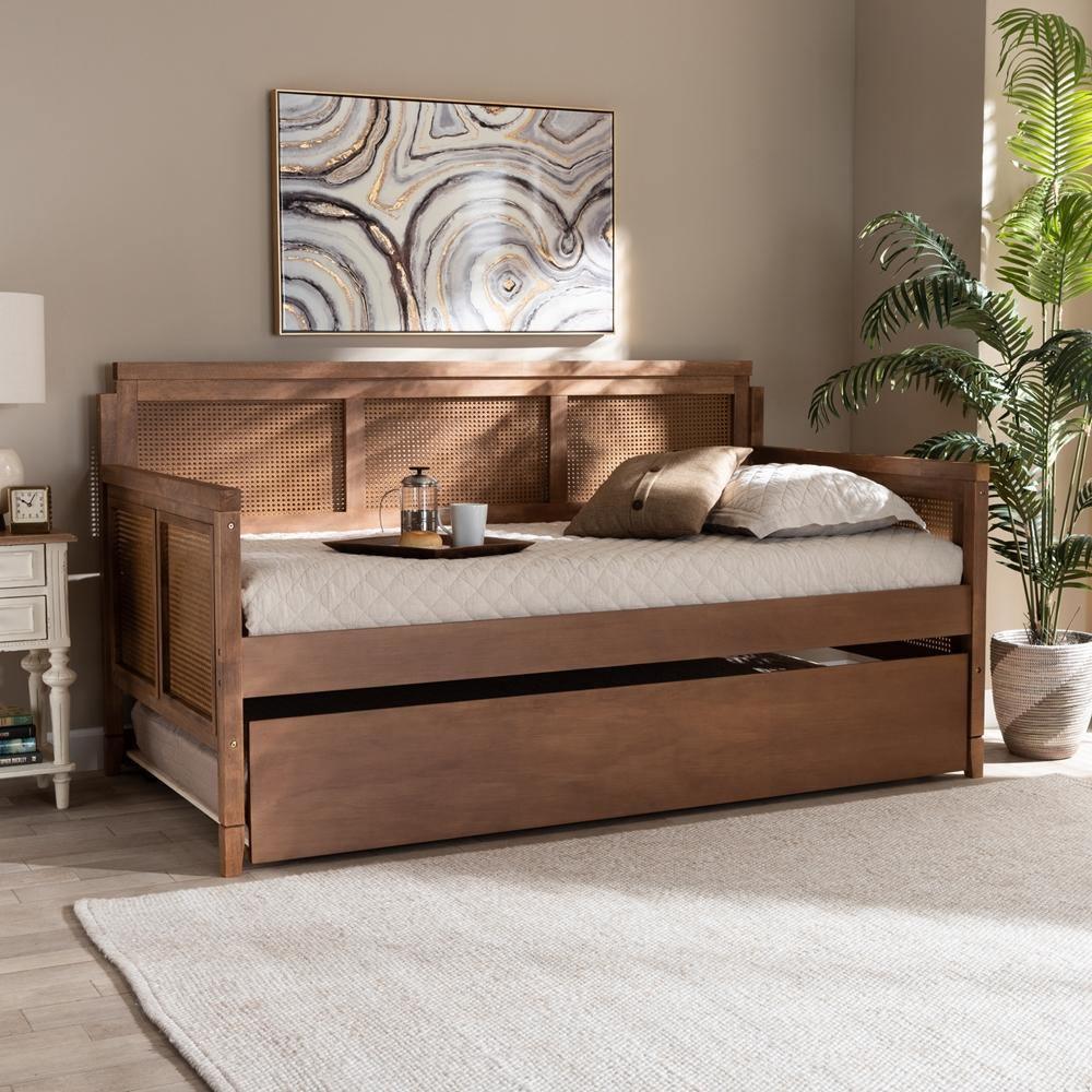 Toveli Vintage French Inspired Ash Wanut Finished Wood and Synthetic Rattan Daybed with Trundle FredCo