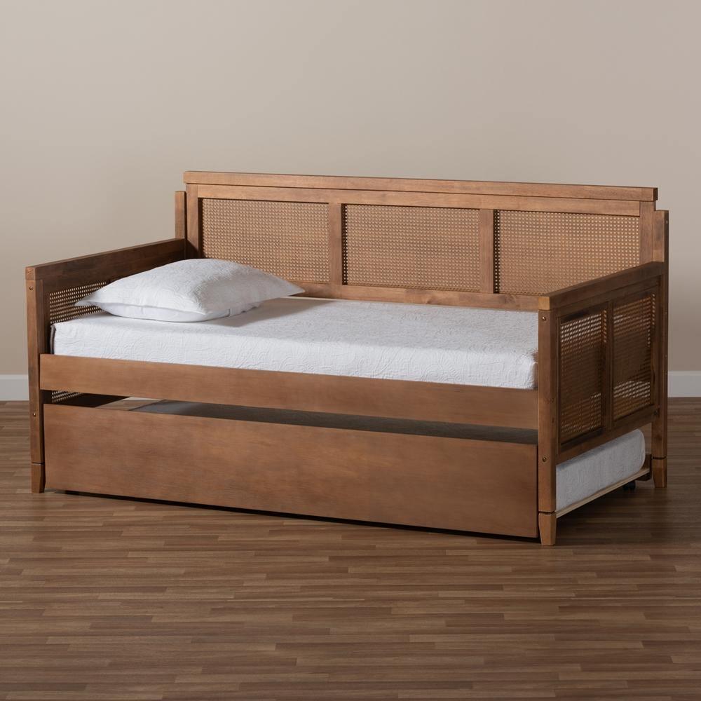 Toveli Vintage French Inspired Ash Wanut Finished Wood and Synthetic Rattan Daybed with Trundle FredCo