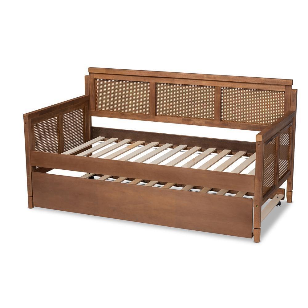 Toveli Vintage French Inspired Ash Wanut Finished Wood and Synthetic Rattan Daybed with Trundle FredCo