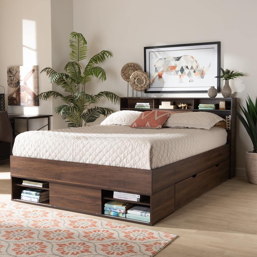 Tristan Modern and Contemporary Walnut Brown Finished Wood 1-Drawer Queen Size Platform Storage Bed with Shelves FredCo