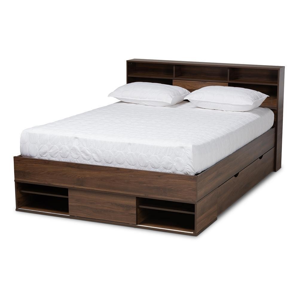 Tristan Modern and Contemporary Walnut Brown Finished Wood 1-Drawer Queen Size Platform Storage Bed with Shelves FredCo