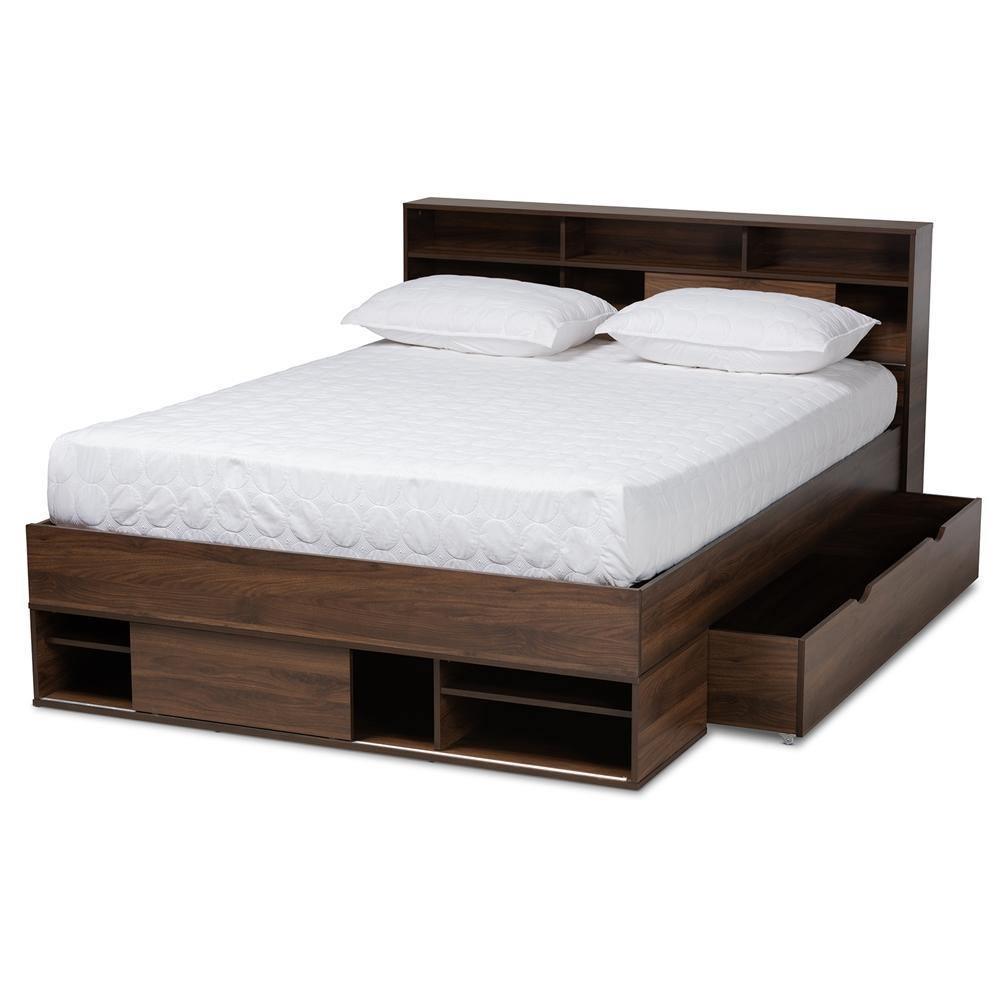 Tristan Modern and Contemporary Walnut Brown Finished Wood 1-Drawer Queen Size Platform Storage Bed with Shelves FredCo