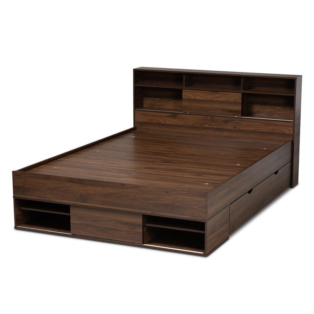Tristan Modern and Contemporary Walnut Brown Finished Wood 1-Drawer Queen Size Platform Storage Bed with Shelves FredCo