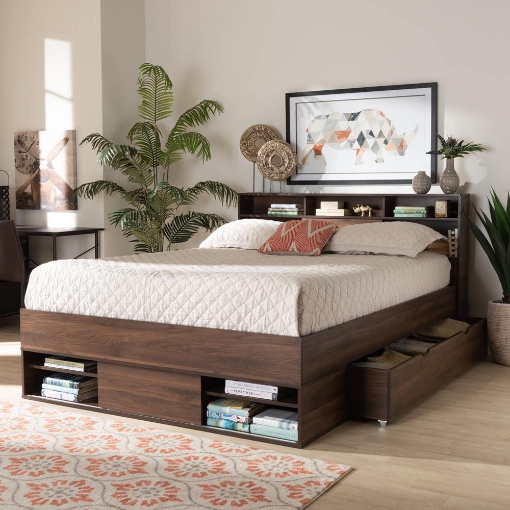 Tristan Modern and Contemporary Walnut Brown Finished Wood 1-Drawer Queen Size Platform Storage Bed with Shelves FredCo