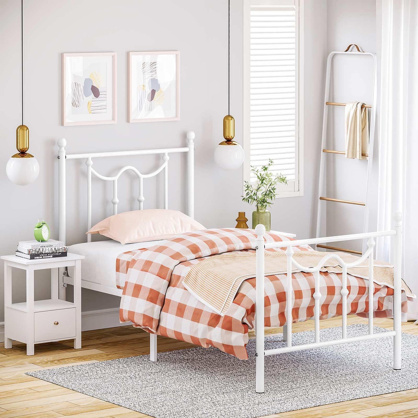 Twin Size Metal Bed Frame with Headboard White FredCo