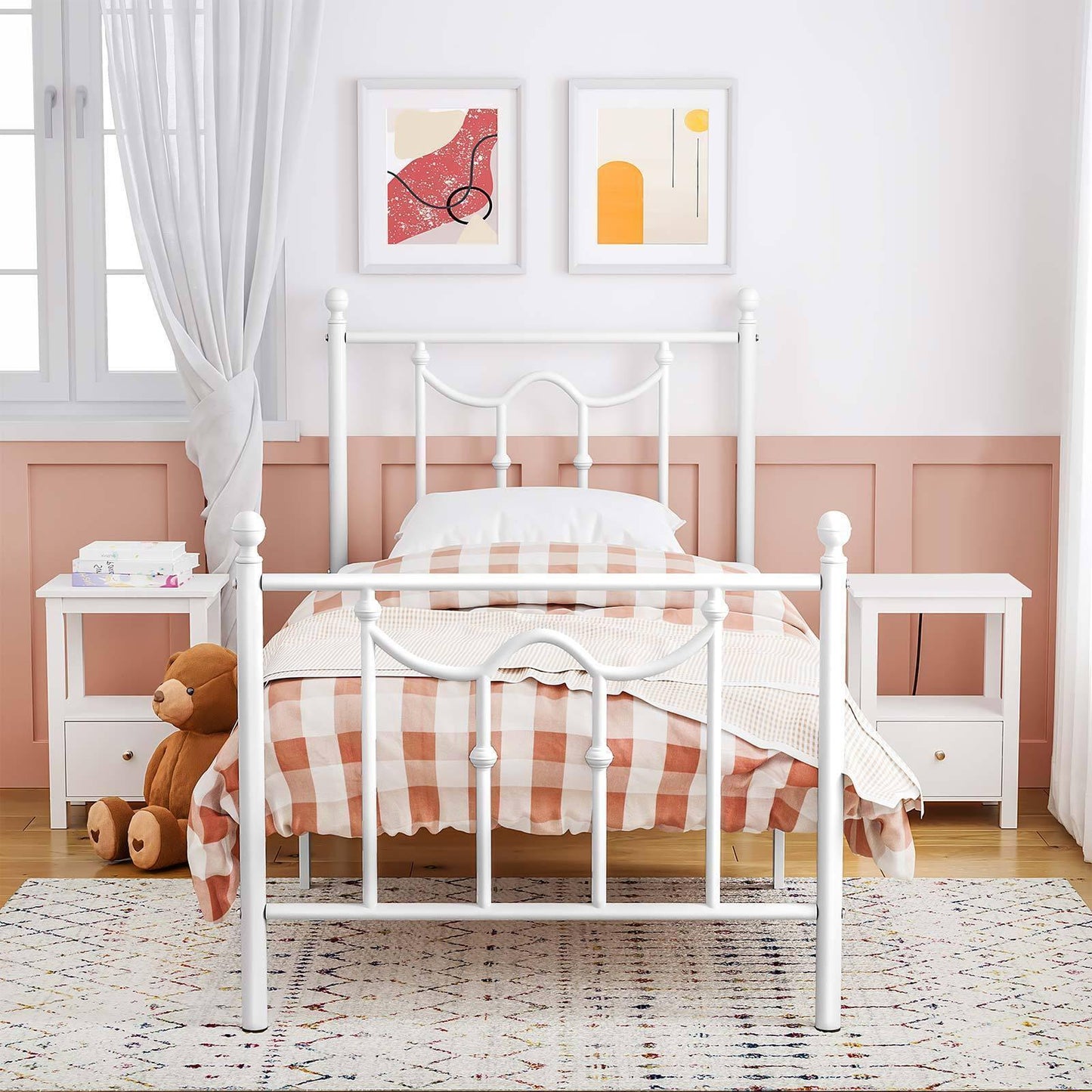 Twin Size Metal Bed Frame with Headboard White FredCo