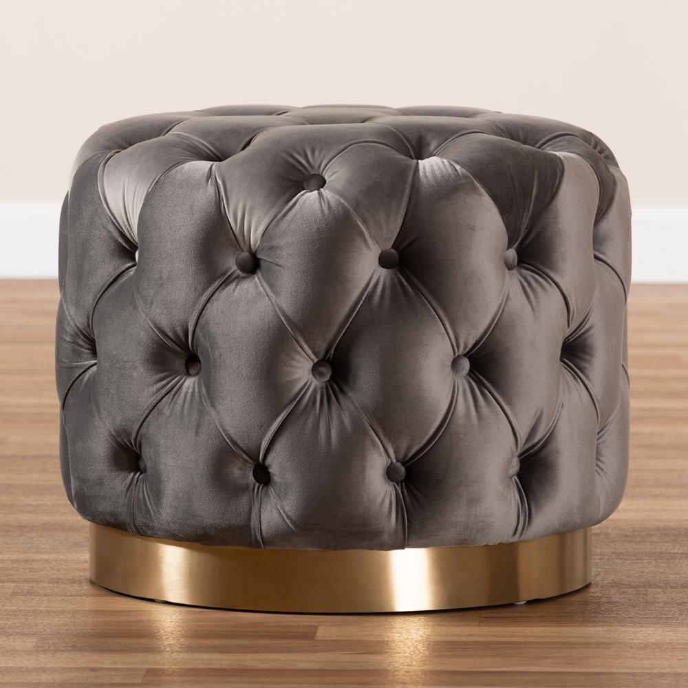 Valeria Glam Gray Velvet Fabric Upholstered Gold-Finished Button Tufted Ottoman FredCo