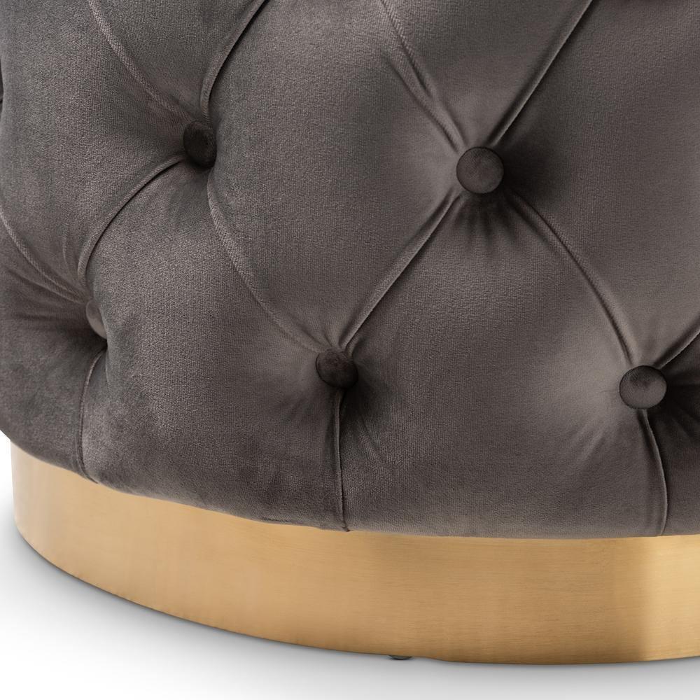 Valeria Glam Gray Velvet Fabric Upholstered Gold-Finished Button Tufted Ottoman FredCo