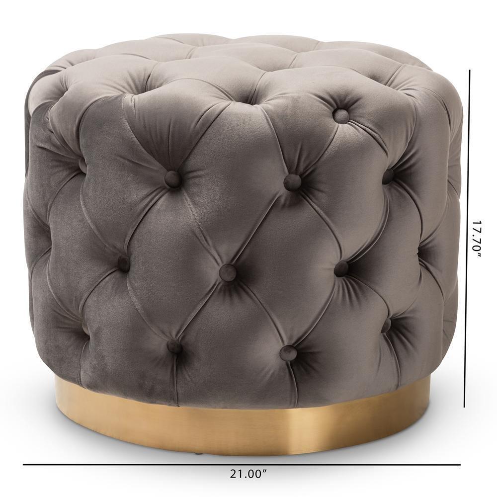 Valeria Glam Gray Velvet Fabric Upholstered Gold-Finished Button Tufted Ottoman FredCo