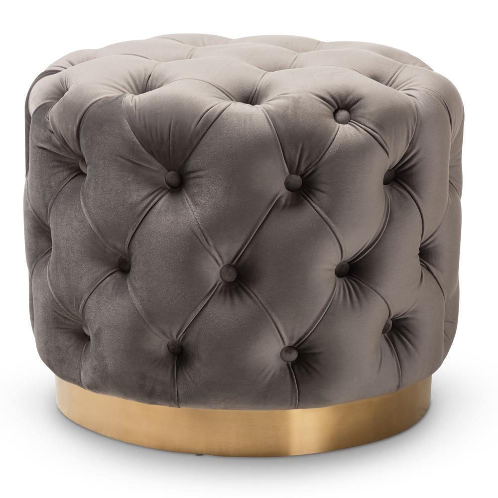 Valeria Glam Gray Velvet Fabric Upholstered Gold-Finished Button Tufted Ottoman FredCo