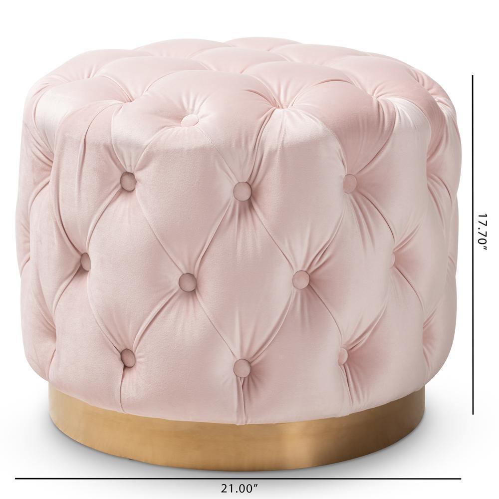 Valeria Glam Light Pink Velvet Fabric Upholstered Gold-Finished Button Tufted Ottoman FredCo