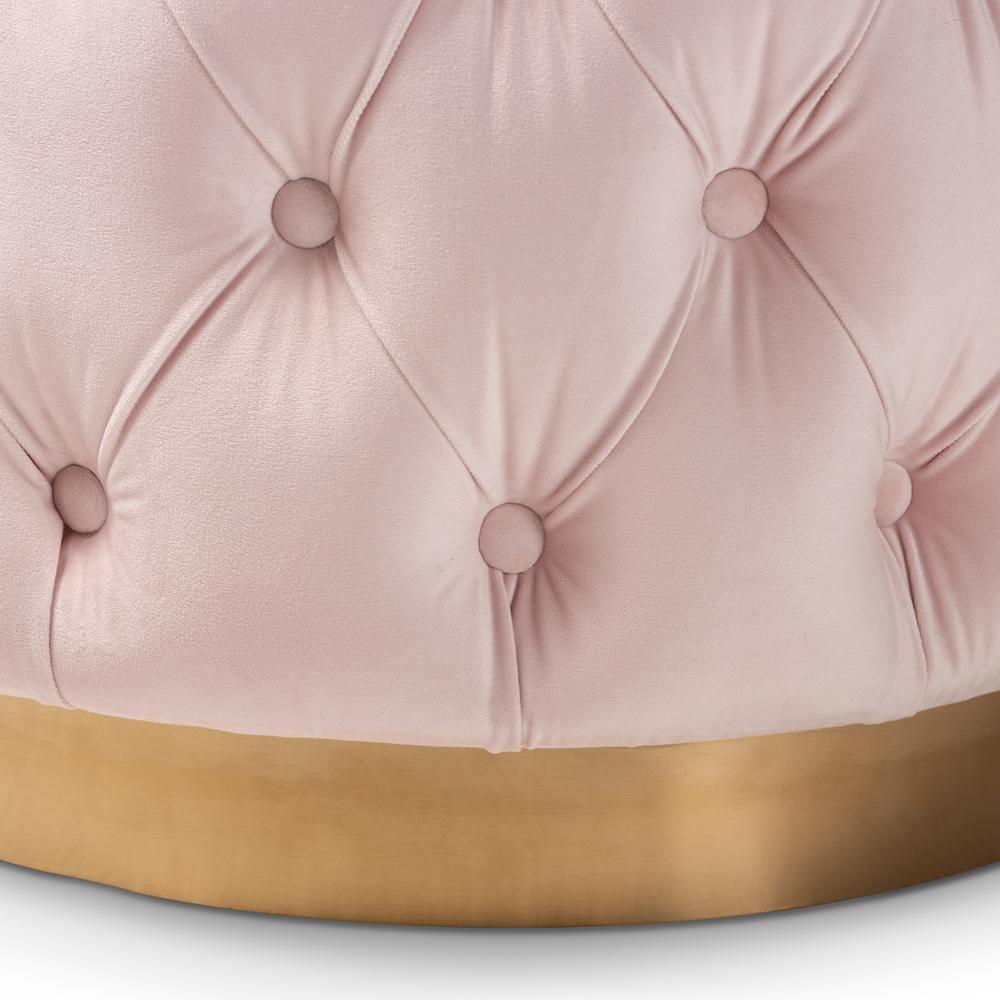 Valeria Glam Light Pink Velvet Fabric Upholstered Gold-Finished Button Tufted Ottoman FredCo