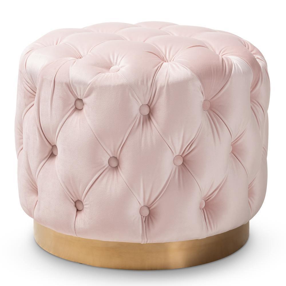 Valeria Glam Light Pink Velvet Fabric Upholstered Gold-Finished Button Tufted Ottoman FredCo