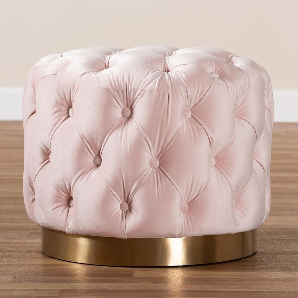 Valeria Glam Light Pink Velvet Fabric Upholstered Gold-Finished Button Tufted Ottoman FredCo