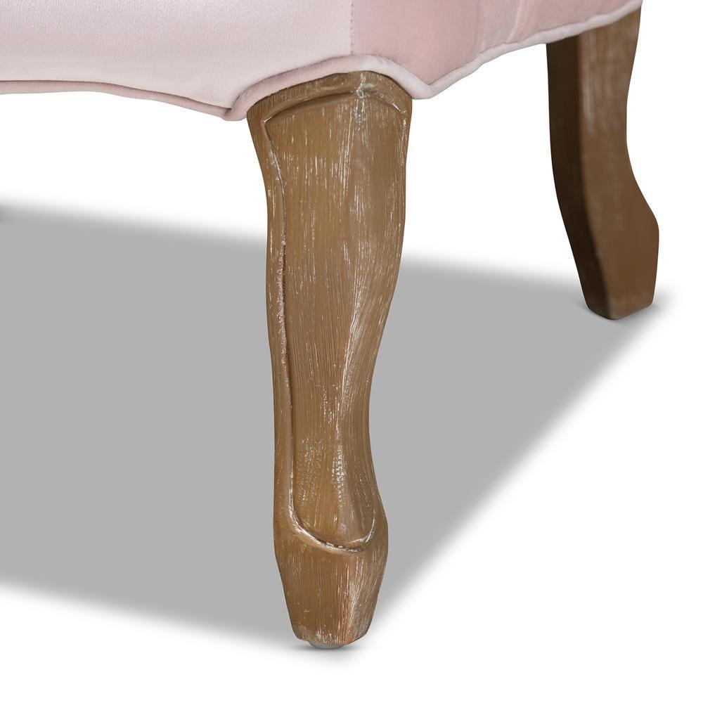 Vallea Traditional French Provincial Light Pink Velvet Fabric Upholstered White-Washed Oak Wood Armchair FredCo