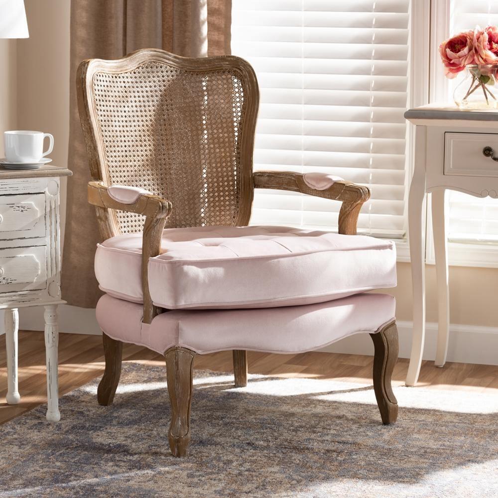 Vallea Traditional French Provincial Light Pink Velvet Fabric Upholstered White-Washed Oak Wood Armchair FredCo