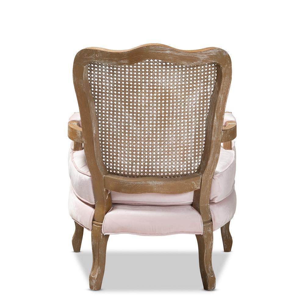 Vallea Traditional French Provincial Light Pink Velvet Fabric Upholstered White-Washed Oak Wood Armchair FredCo