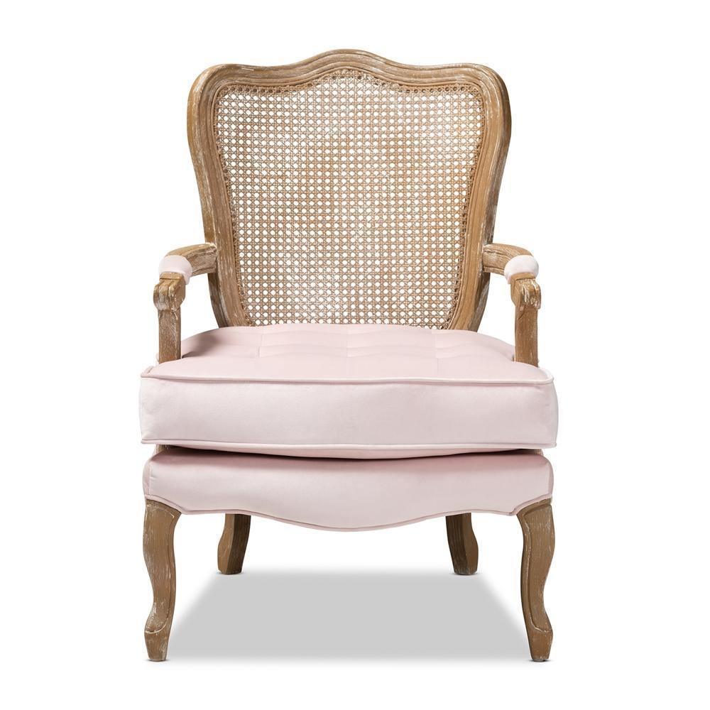 Vallea Traditional French Provincial Light Pink Velvet Fabric Upholstered White-Washed Oak Wood Armchair FredCo