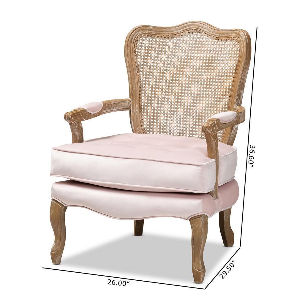 Vallea Traditional French Provincial Light Pink Velvet Fabric Upholstered White-Washed Oak Wood Armchair FredCo