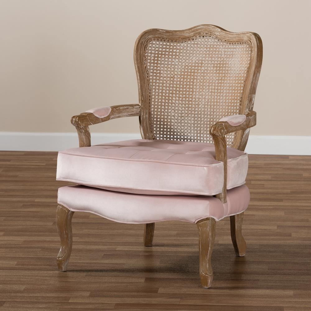 Vallea Traditional French Provincial Light Pink Velvet Fabric Upholstered White-Washed Oak Wood Armchair FredCo