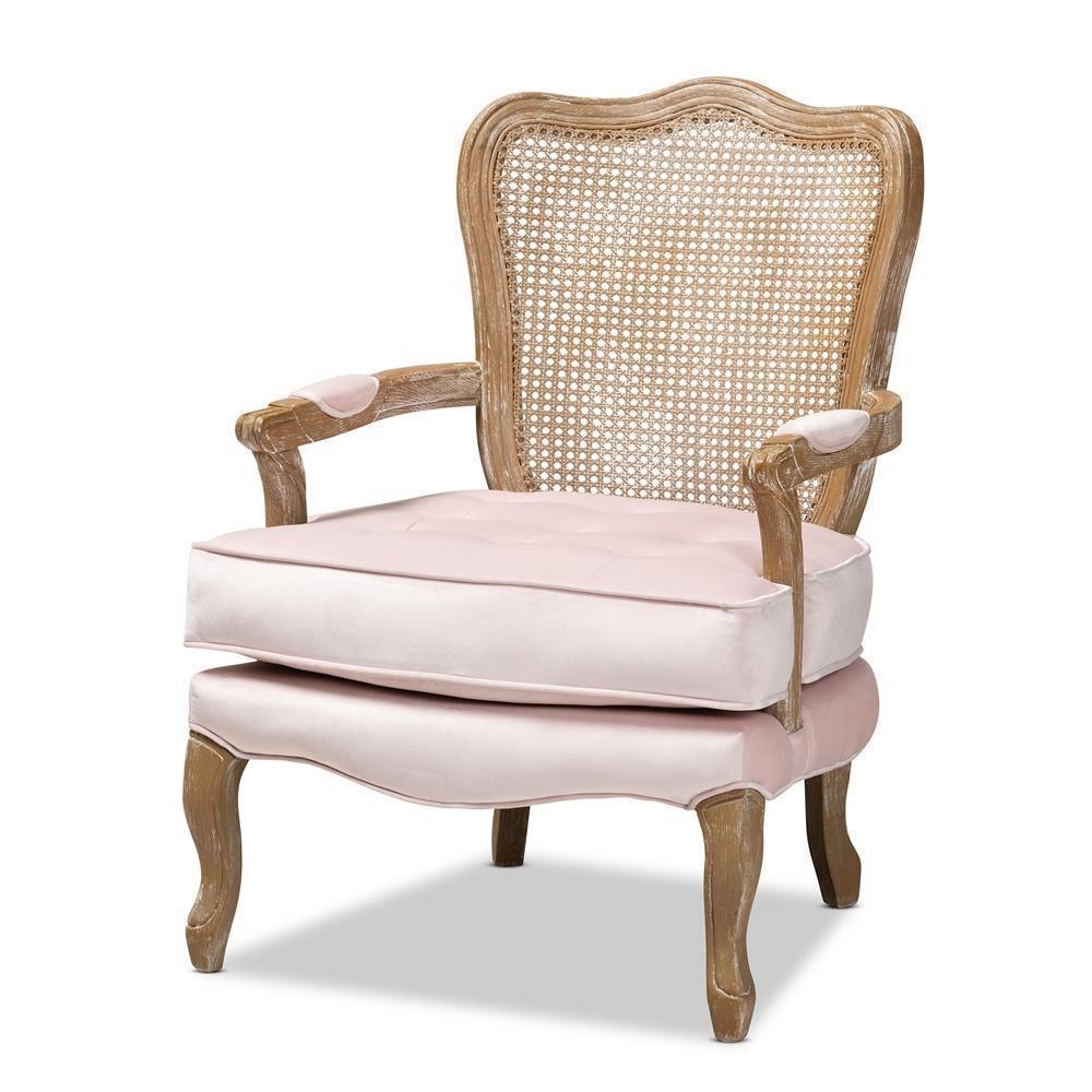 Vallea Traditional French Provincial Light Pink Velvet Fabric Upholstered White-Washed Oak Wood Armchair FredCo