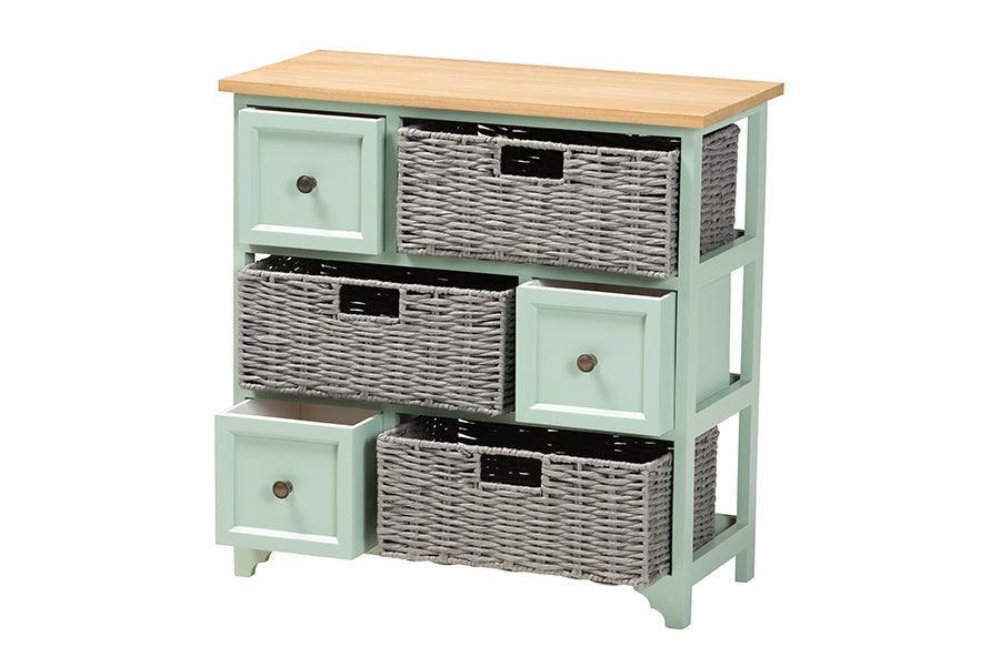 Valtina Modern and Contemporary Two-Tone Oak Brown and Mint Green Finished Wood 3-Drawer Storage Unit with Baskets FredCo