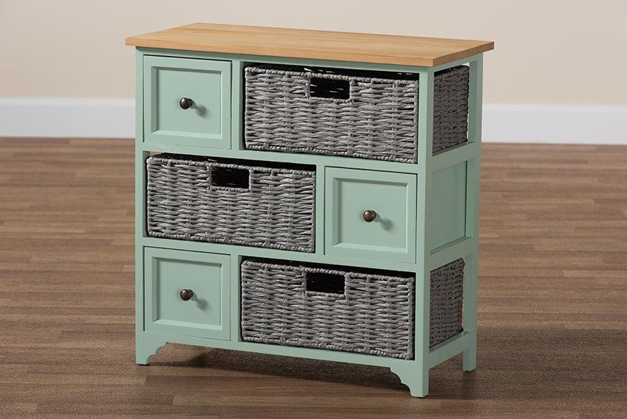 Valtina Modern and Contemporary Two-Tone Oak Brown and Mint Green Finished Wood 3-Drawer Storage Unit with Baskets FredCo