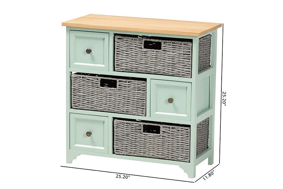 Valtina Modern and Contemporary Two-Tone Oak Brown and Mint Green Finished Wood 3-Drawer Storage Unit with Baskets FredCo