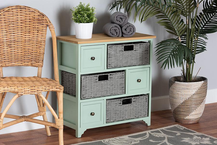 Valtina Modern and Contemporary Two-Tone Oak Brown and Mint Green Finished Wood 3-Drawer Storage Unit with Baskets FredCo