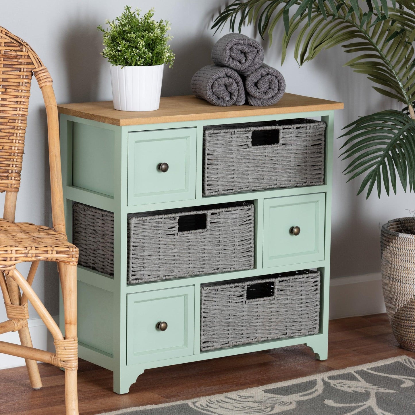 Valtina Modern and Contemporary Two-Tone Oak Brown and Mint Green Finished Wood 3-Drawer Storage Unit with Baskets FredCo