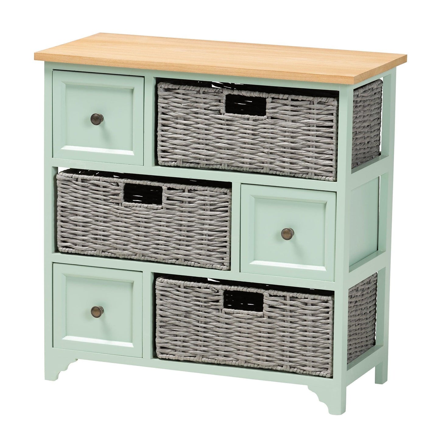 Valtina Modern and Contemporary Two-Tone Oak Brown and Mint Green Finished Wood 3-Drawer Storage Unit with Baskets FredCo