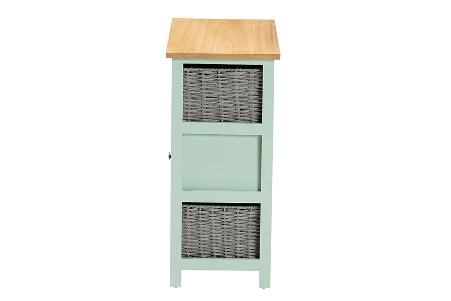 Valtina Modern and Contemporary Two-Tone Oak Brown and Mint Green Finished Wood 3-Drawer Storage Unit with Baskets FredCo