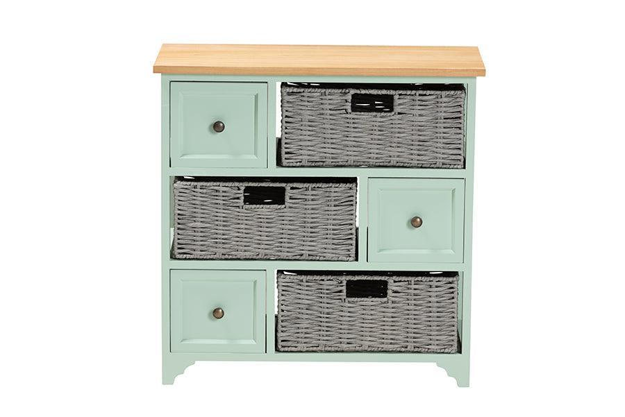 Valtina Modern and Contemporary Two-Tone Oak Brown and Mint Green Finished Wood 3-Drawer Storage Unit with Baskets FredCo