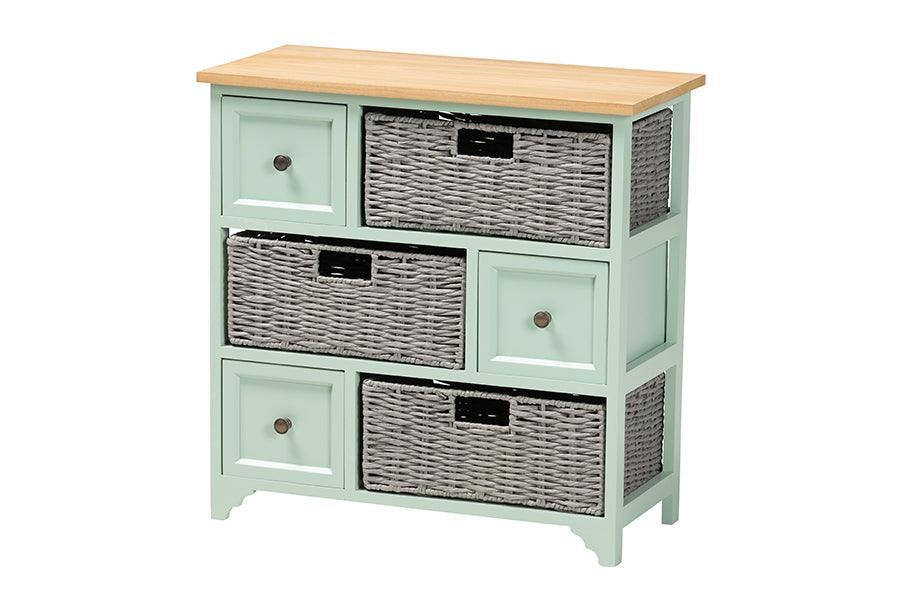 Valtina Modern and Contemporary Two-Tone Oak Brown and Mint Green Finished Wood 3-Drawer Storage Unit with Baskets FredCo