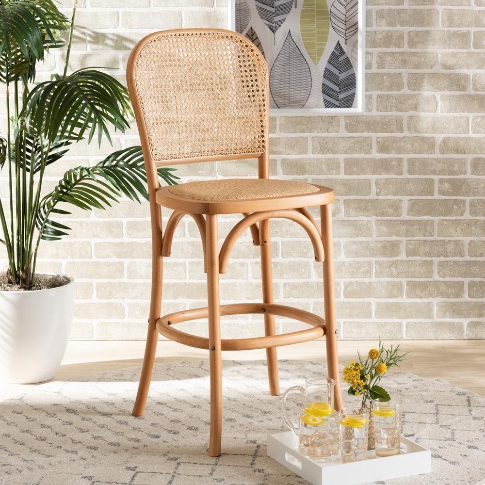 Vance Mid-Century Modern Brown Woven Rattan and Wood Cane Counter Stool FredCo
