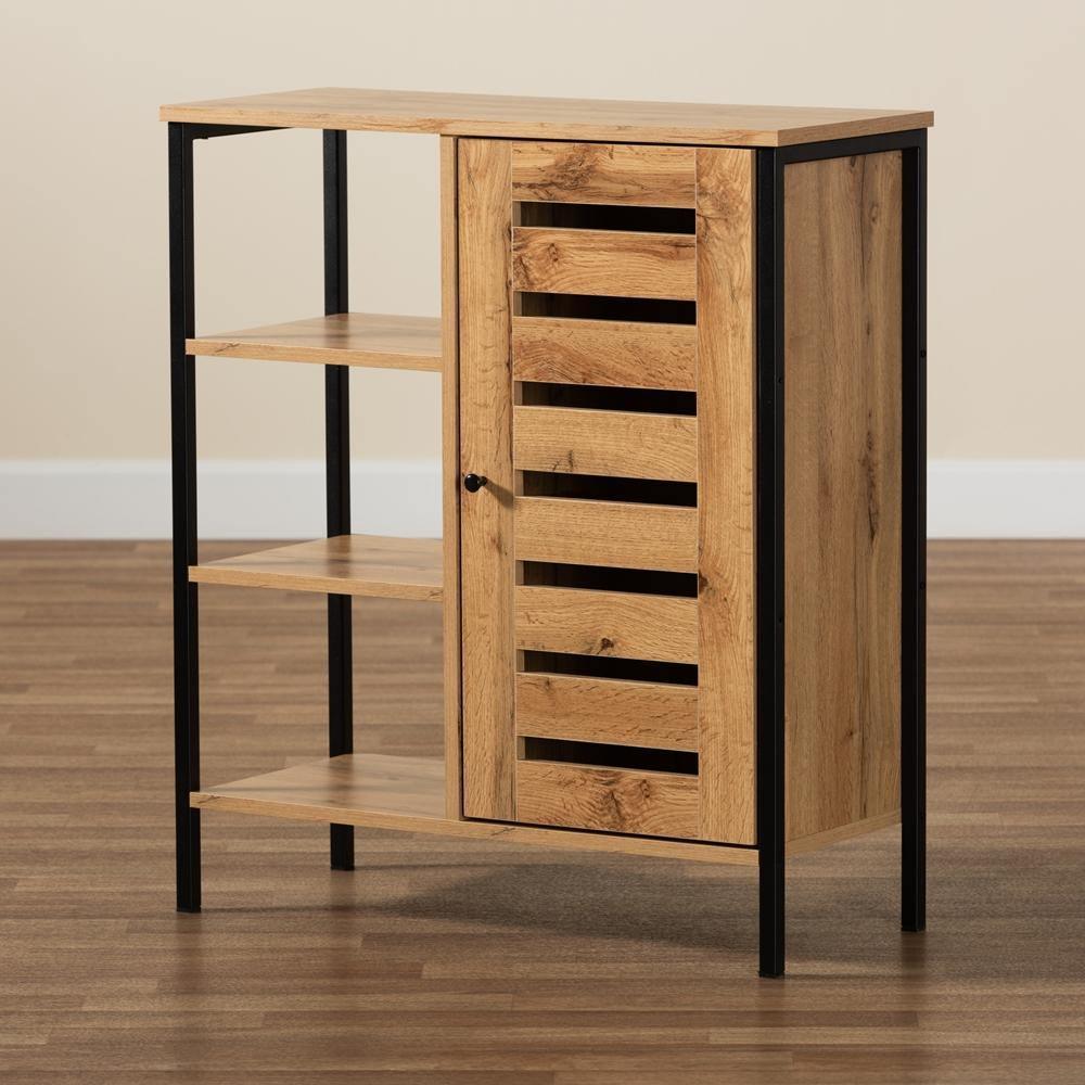 Vander Modern and Contemporary Oak Brown Finished Wood and Black Finished Metal 1-Door Shoe Storage Cabinet FredCo
