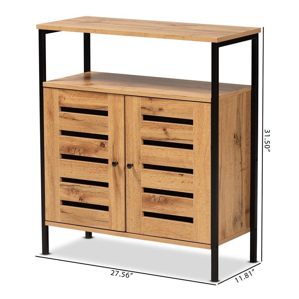 Vander Modern and Contemporary Oak Brown Finished Wood and Black Metal 2-Door Shoe Cabinet FredCo