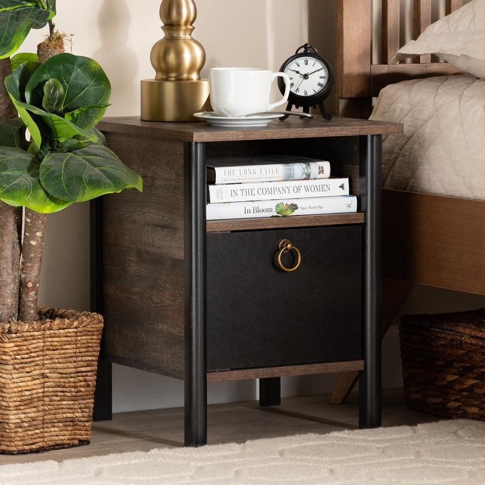 Vaughan Modern and Contemporary Two-Tone Rustic Brown and Black Finished Wood Nightstand FredCo