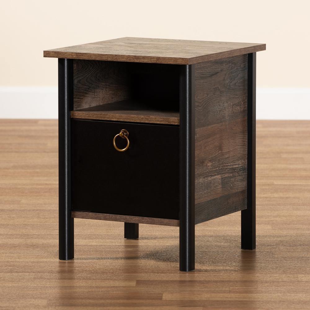 Vaughan Modern and Contemporary Two-Tone Rustic Brown and Black Finished Wood Nightstand FredCo